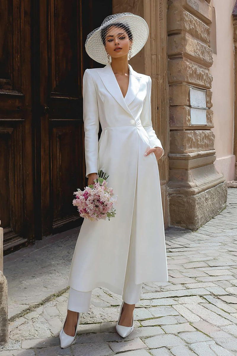 Load image into Gallery viewer, 2 Piece Peak Lapel Ivory Maxi Blazer Wedding Pant Suits with Sleeves