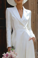 Load image into Gallery viewer, 2 Piece Peak Lapel Ivory Maxi Blazer Wedding Pant Suits with Sleeves
