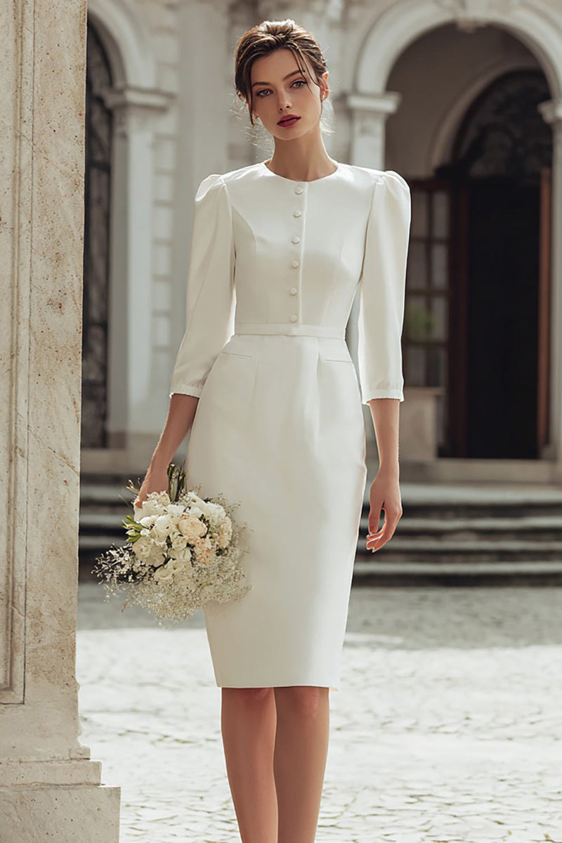 Load image into Gallery viewer, Ivory Bodycon Round Neck Midi Wedding Dress with Buttons