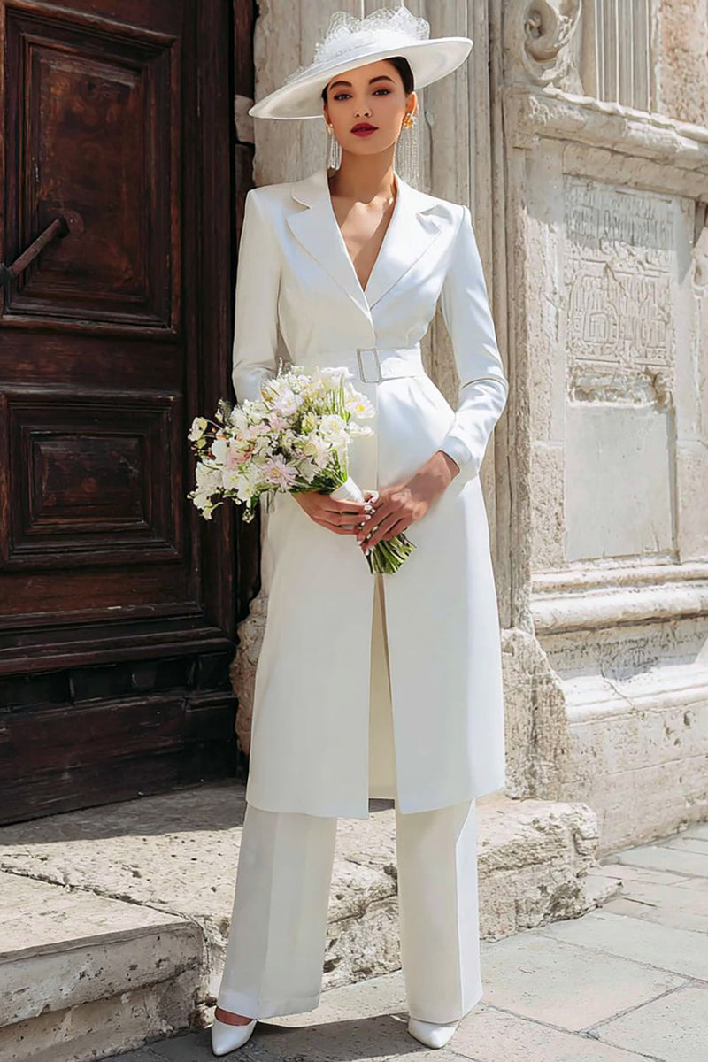 Load image into Gallery viewer, 2 Piece Ivory Notched Lapel Maxi Blazer Wedding Pant Suits with Belt