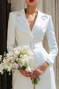 2 Piece Ivory Notched Lapel Maxi Blazer Wedding Pant Suits with Belt