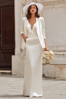 Load image into Gallery viewer, 2 Piece Ivory V Neck Satin Sheath Floor Length Wedding Dress with Blazer