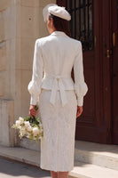 Load image into Gallery viewer, 2 Piece Ivory Notched Lapel Bodycon Midi Wedding Outfits with Sleeves