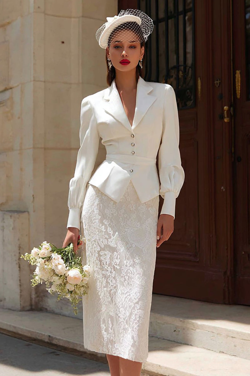Load image into Gallery viewer, 2 Piece Ivory Notched Lapel Bodycon Midi Wedding Outfits with Sleeves