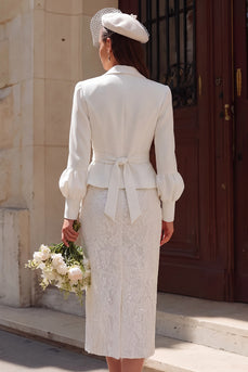 2 Piece Ivory Notched Lapel Bodycon Midi Wedding Outfits with Sleeves
