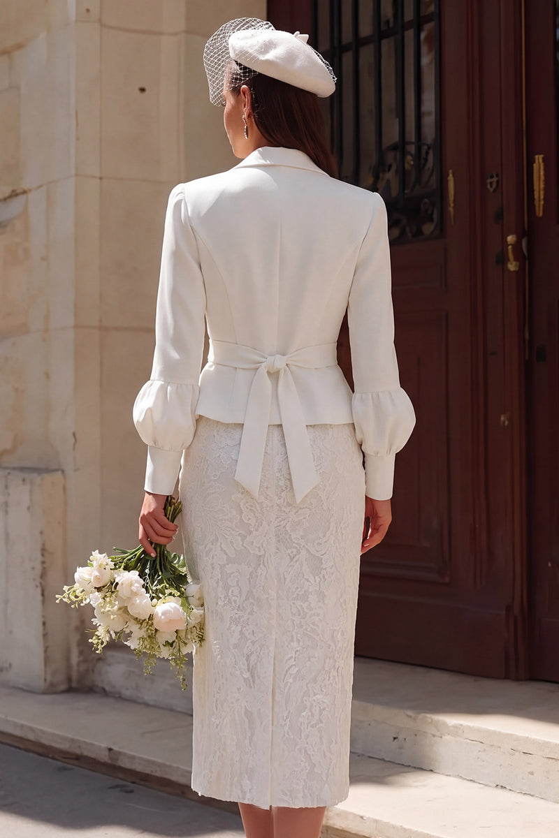 Load image into Gallery viewer, 2 Piece Ivory Notched Lapel Bodycon Midi Wedding Outfits with Sleeves