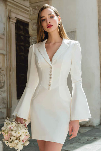 Ivory Bodycon Notched Lapel Short Blazer Wedding Dress with Sleeves
