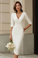 Load image into Gallery viewer, Simple Ivory Bodycon V-Neck Midi Wedding Dress with Sleeves
