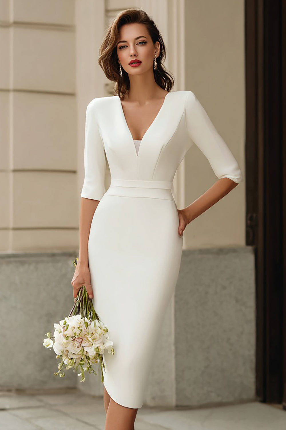 Simple Ivory Bodycon V-Neck Midi Wedding Dress with Sleeves