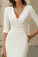 Load image into Gallery viewer, Simple Ivory Bodycon V-Neck Midi Wedding Dress with Sleeves