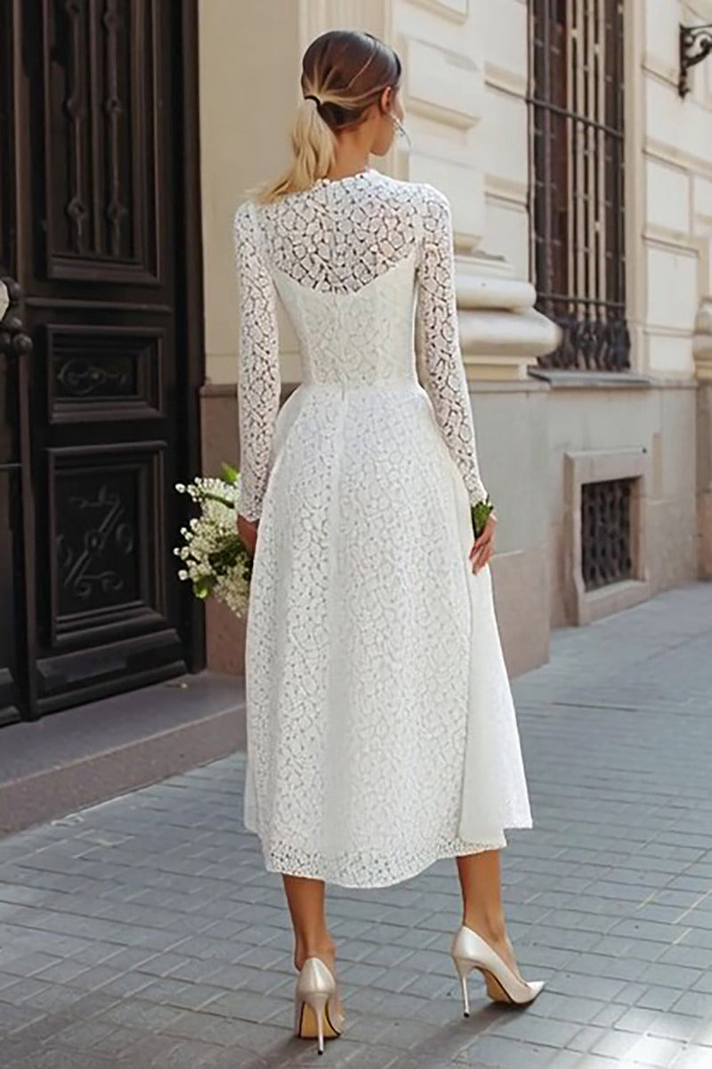 Load image into Gallery viewer, Ivory Lace Round Neck A Line Long Wedding Dress with Sleeves