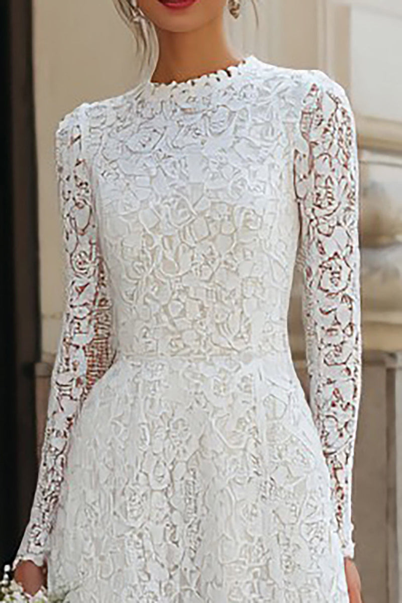 Load image into Gallery viewer, Ivory Lace Round Neck A Line Long Wedding Dress with Sleeves