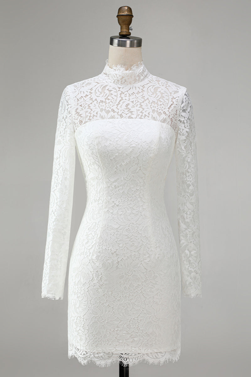 Load image into Gallery viewer, Vintage Ivory High Neck Bodycon Lace Short Wedding Dress with Sleeves
