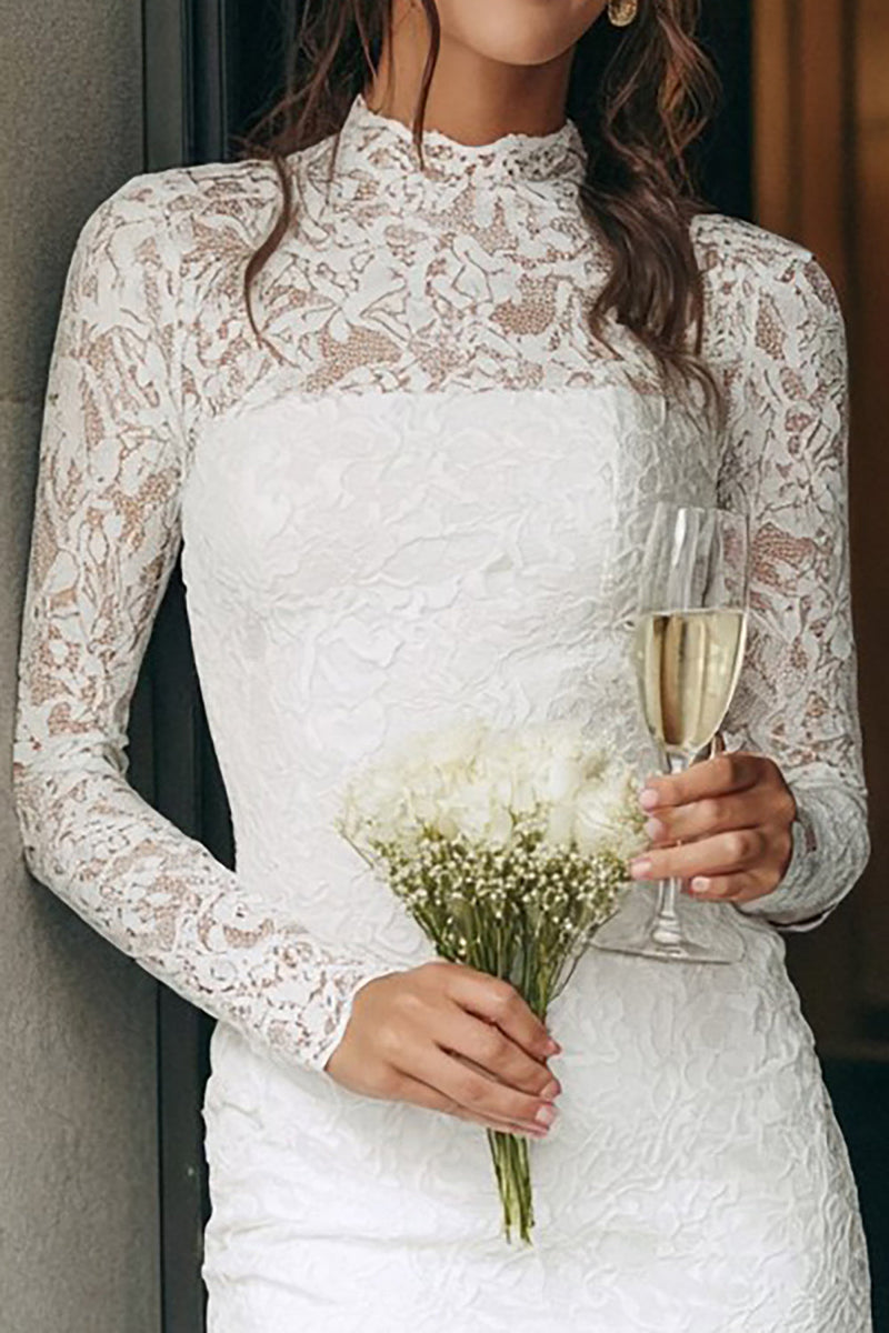 Load image into Gallery viewer, Vintage Ivory High Neck Bodycon Lace Short Wedding Dress with Sleeves