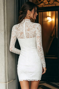 Vintage Ivory High Neck Bodycon Lace Short Wedding Dress with Sleeves