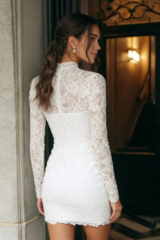 Vintage Ivory High Neck Bodycon Lace Short Wedding Dress with Sleeves