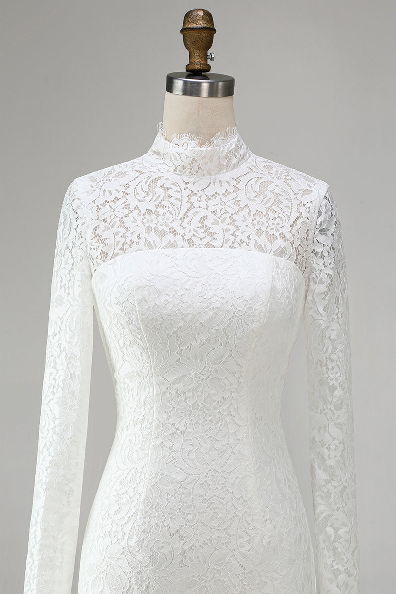 Load image into Gallery viewer, Vintage Ivory High Neck Bodycon Lace Short Wedding Dress with Sleeves