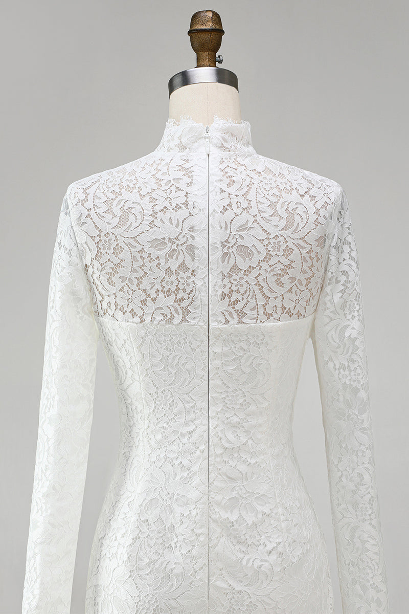 Load image into Gallery viewer, Vintage Ivory High Neck Bodycon Lace Short Wedding Dress with Sleeves
