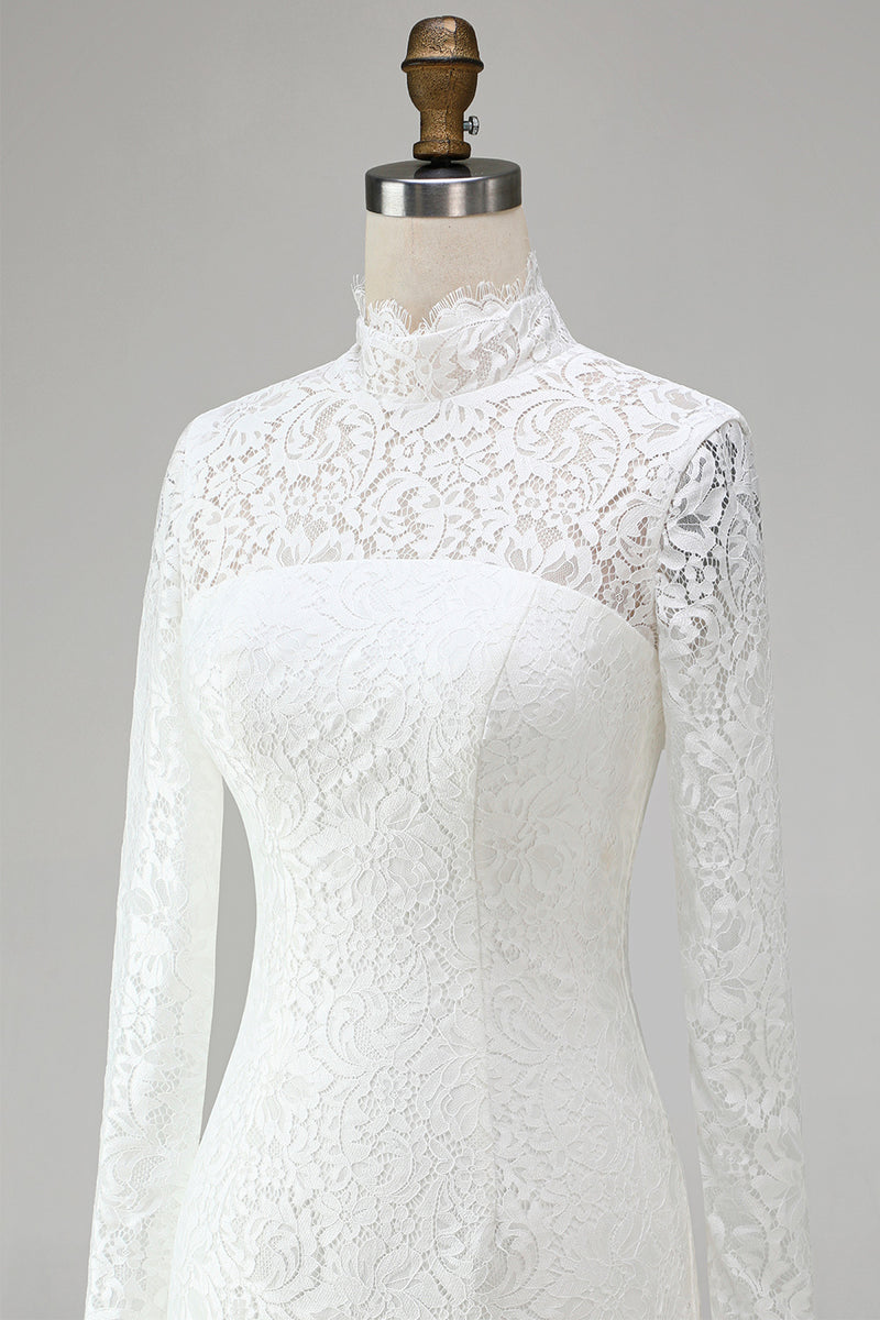 Load image into Gallery viewer, Vintage Ivory High Neck Bodycon Lace Short Wedding Dress with Sleeves