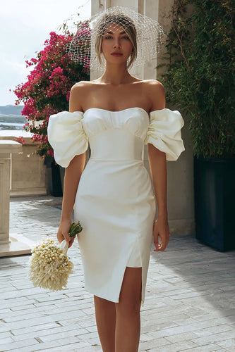 Ivory Off the Shoulder Bodycon Short Wedding Dress with Slit