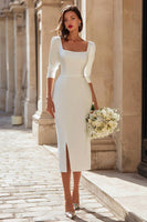 Load image into Gallery viewer, Simple Ivory Square Neck Bodycon Midi Wedding Dress with Sleeves
