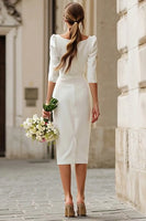 Load image into Gallery viewer, Simple Ivory Square Neck Bodycon Midi Wedding Dress with Sleeves