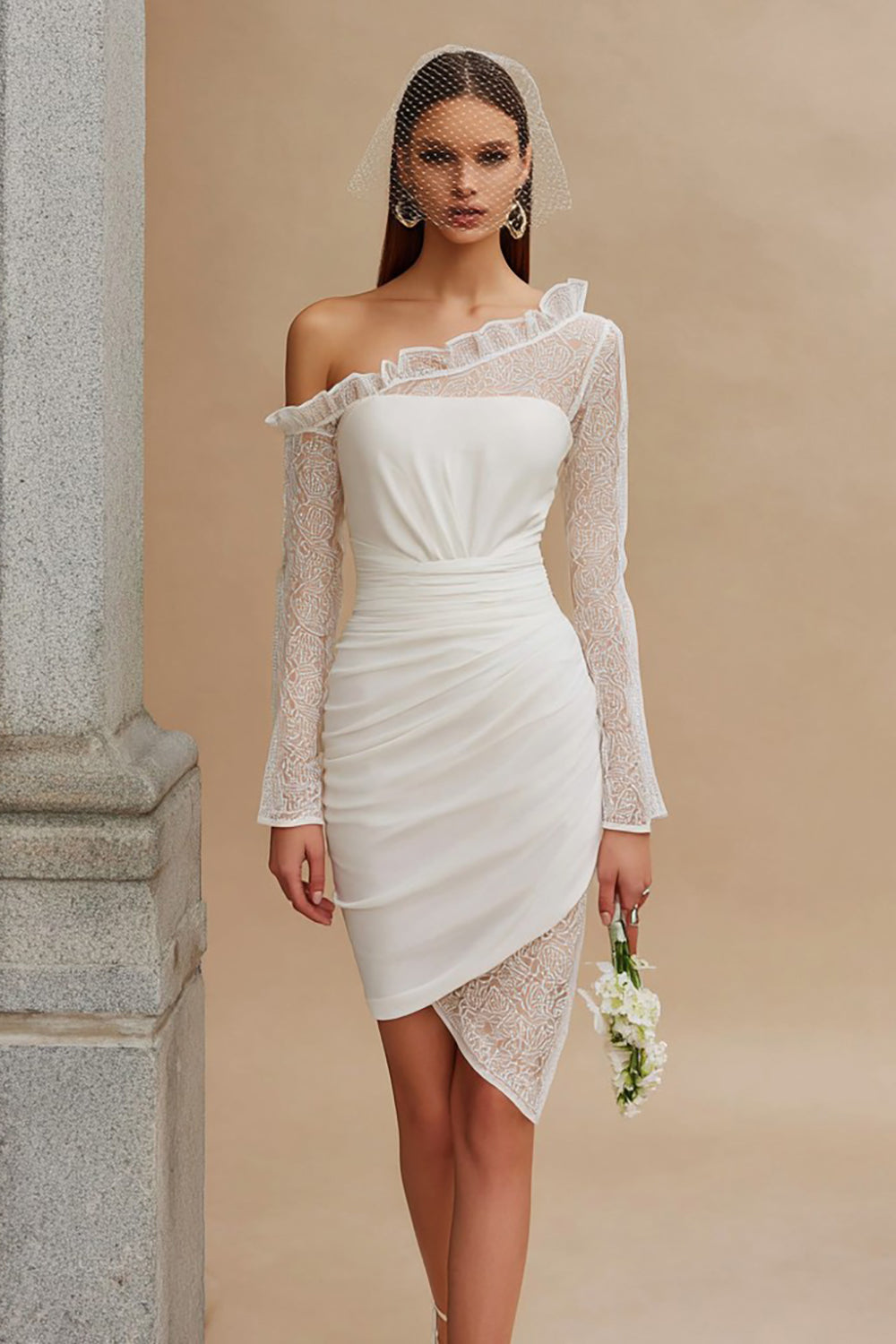 Ivory Bodycon Asymmetrical Ruched Wedding Dress with Sleeves