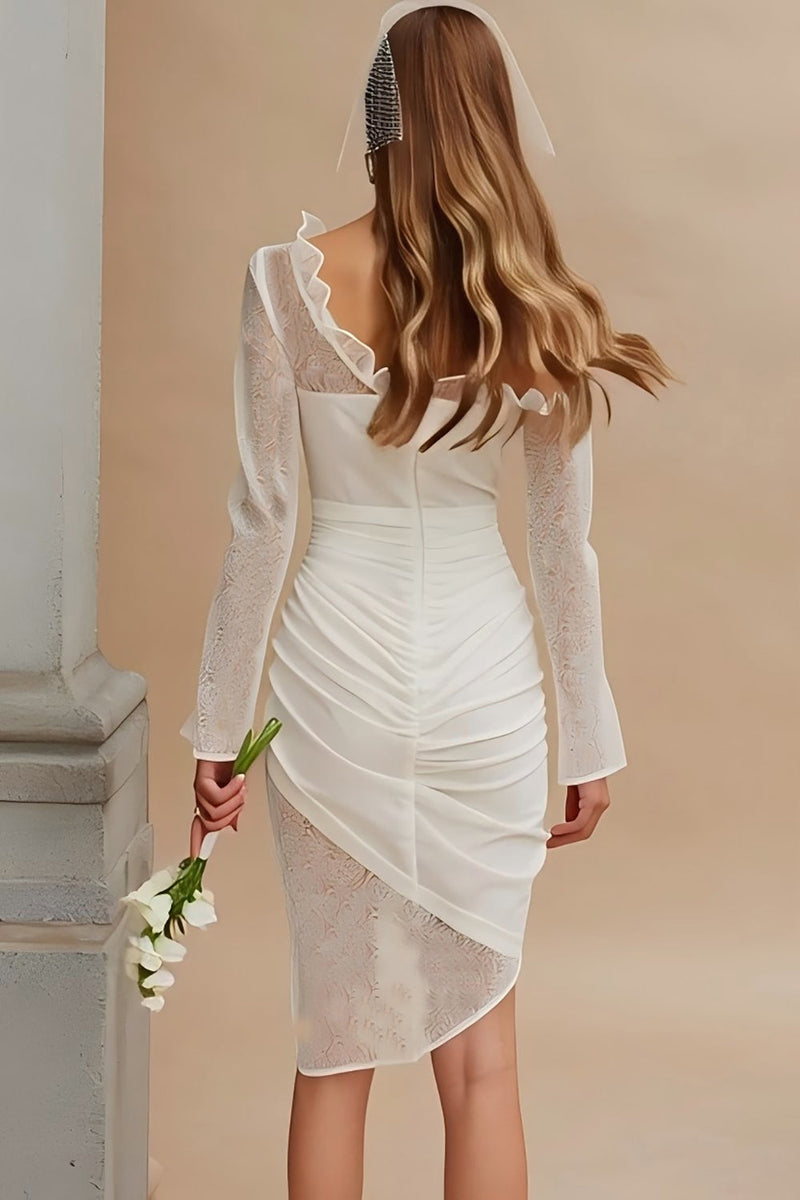 Load image into Gallery viewer, Ivory Bodycon Asymmetrical Ruched Wedding Dress with Sleeves