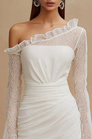 Load image into Gallery viewer, Ivory Bodycon Asymmetrical Ruched Wedding Dress with Sleeves