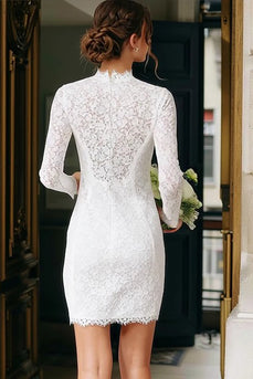 Vintage Ivory Lace High Neck Mini Bodycon Wedding Dress with Sleeves