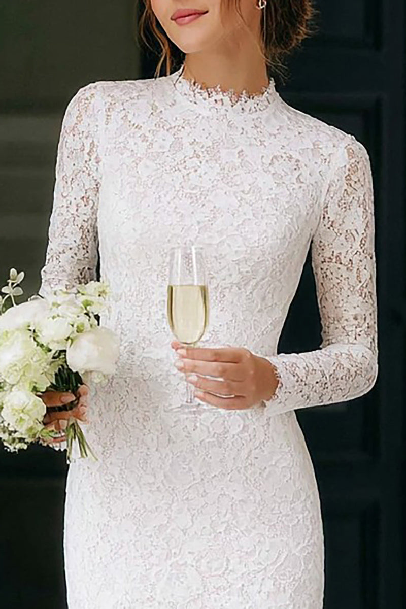 Load image into Gallery viewer, Vintage Ivory Lace High Neck Mini Bodycon Wedding Dress with Sleeves