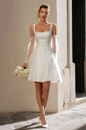 Ivory A Line Thick Straps Short Wedding Dress with Sleeves