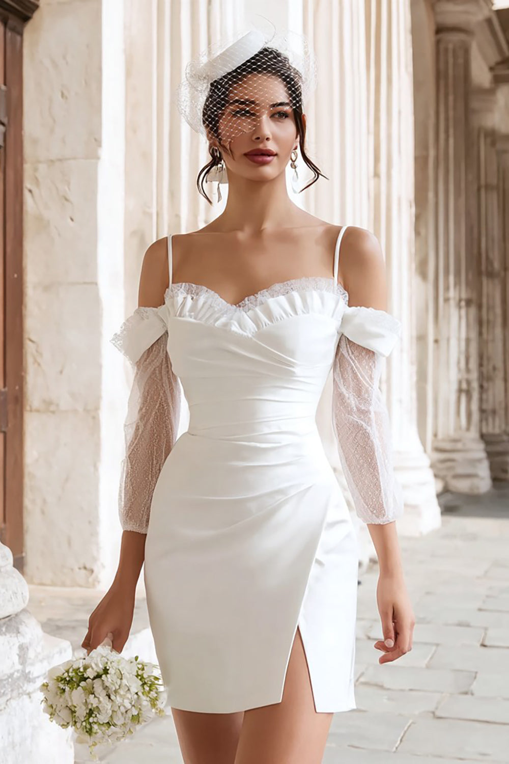 Ivory Bodycon Cold Shoulder Ruched Short Wedding Dress with Slit