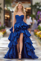 Load image into Gallery viewer, Dark Blue Ruffled Strapless High Low Prom Dress