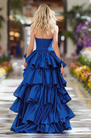 Load image into Gallery viewer, Dark Blue Ruffled Strapless High Low Prom Dress