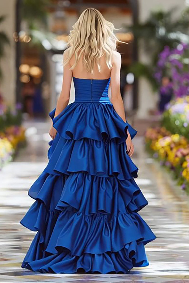Load image into Gallery viewer, Dark Blue Ruffled Strapless High Low Prom Dress