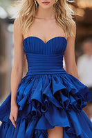 Load image into Gallery viewer, Dark Blue Ruffled Strapless High Low Prom Dress