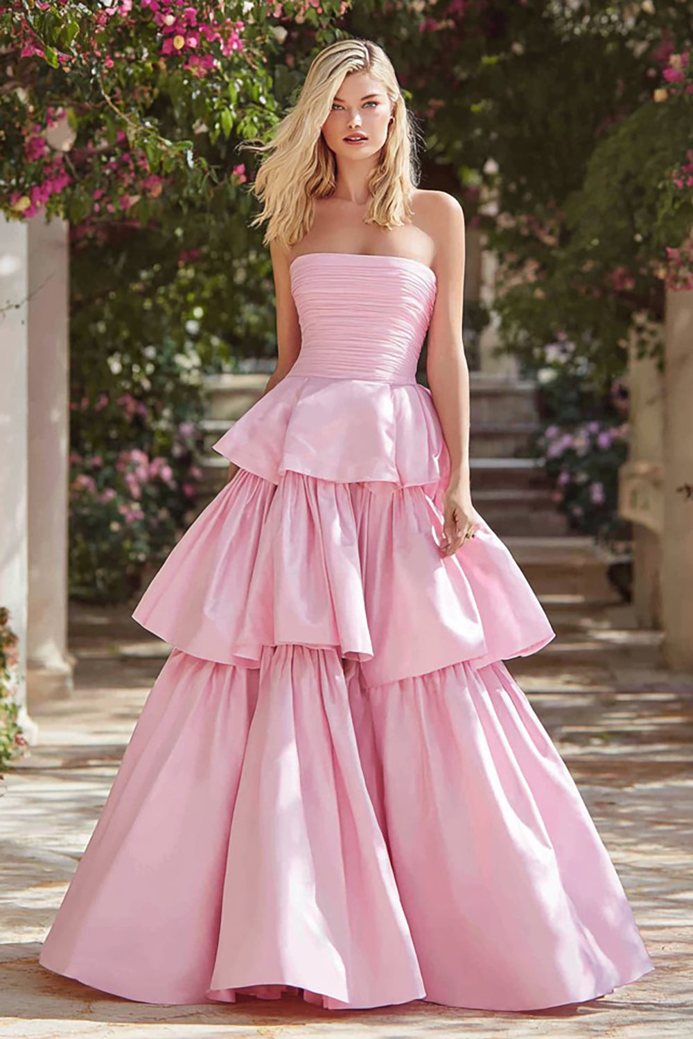 Pink A Line Strapless Maxi Prom Dress with Ruffles