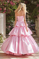 Load image into Gallery viewer, Pink A Line Strapless Maxi Prom Dress with Ruffles