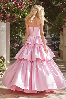 Pink A Line Strapless Maxi Prom Dress with Ruffles