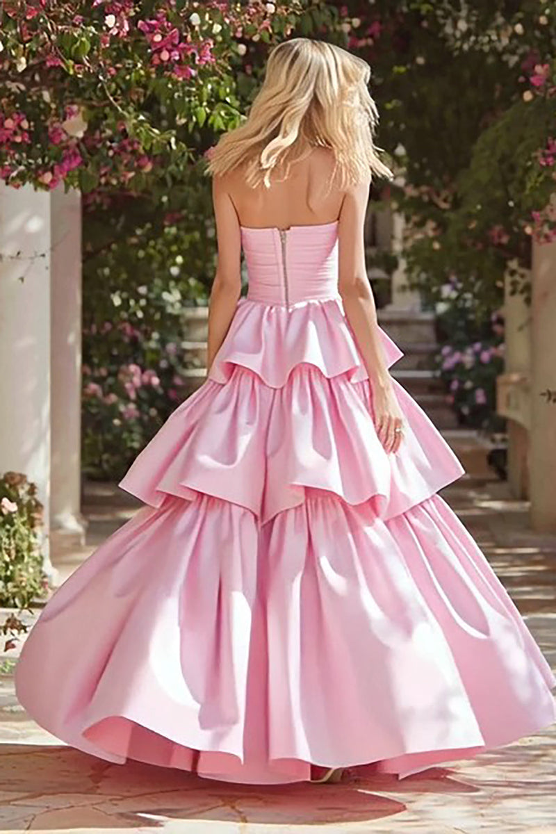 Load image into Gallery viewer, Pink A Line Strapless Maxi Prom Dress with Ruffles