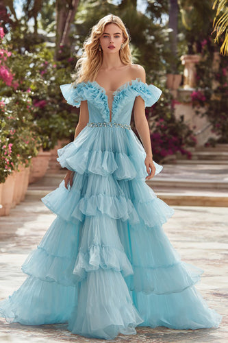 Sparkly Sky Blue Off the Shoulder Tulle Long Prom Dress with Ruffles