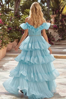 Sparkly Sky Blue Off the Shoulder Tulle Long Prom Dress with Ruffles