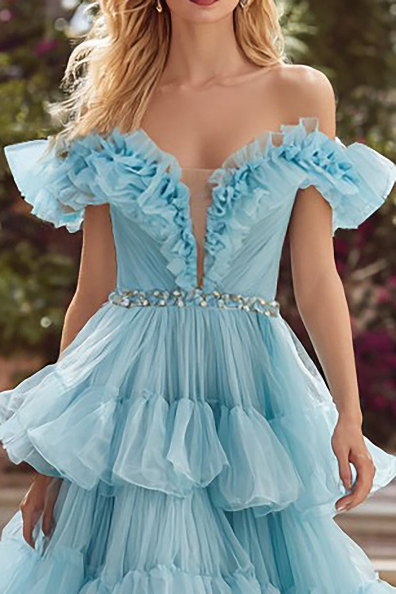 Load image into Gallery viewer, Sparkly Sky Blue Off the Shoulder Tulle Long Prom Dress with Ruffles