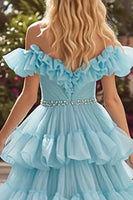Load image into Gallery viewer, Sparkly Sky Blue Off the Shoulder Tulle Long Prom Dress with Ruffles