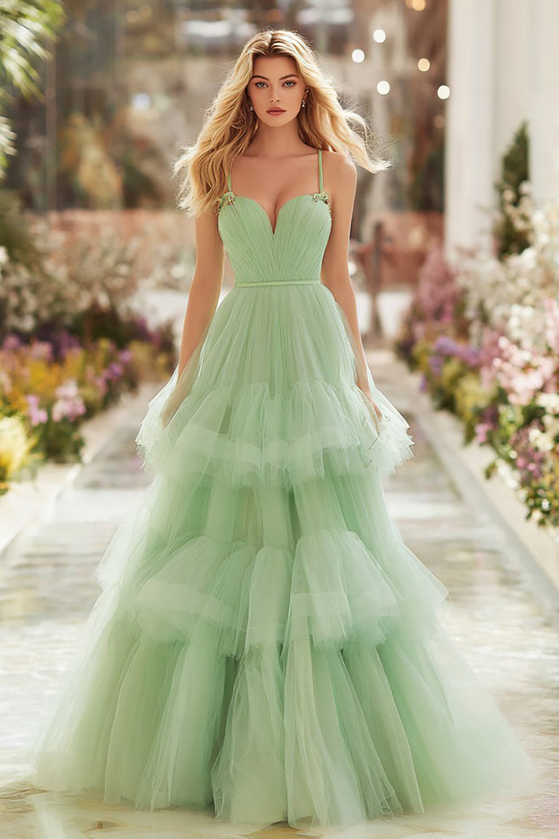Load image into Gallery viewer, Princess Light Green Spaghetti Straps A Line Maxi Prom Dress with Ruffles