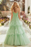 Load image into Gallery viewer, Princess Light Green Spaghetti Straps A Line Maxi Prom Dress with Ruffles