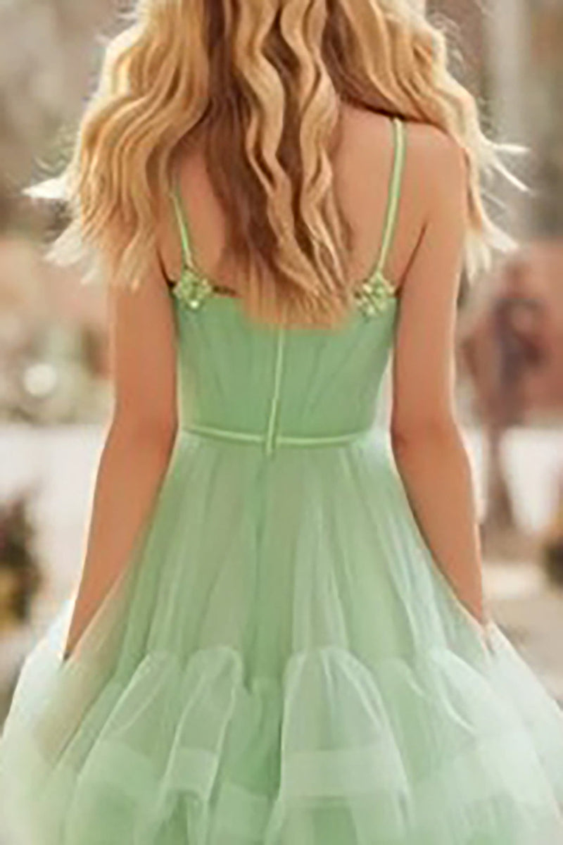 Load image into Gallery viewer, Princess Light Green Spaghetti Straps A Line Maxi Prom Dress with Ruffles