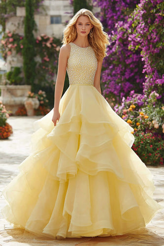 Sparkly Light Yellow A Line Beaded Long Prom Dress with Ruffled