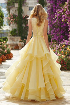 Sparkly Light Yellow A Line Beaded Long Prom Dress with Ruffled